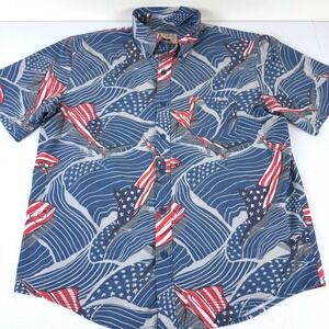 Huk Fishing Mens Medium American Flag Fish Button Down Shirt Blue Short Sleeve
